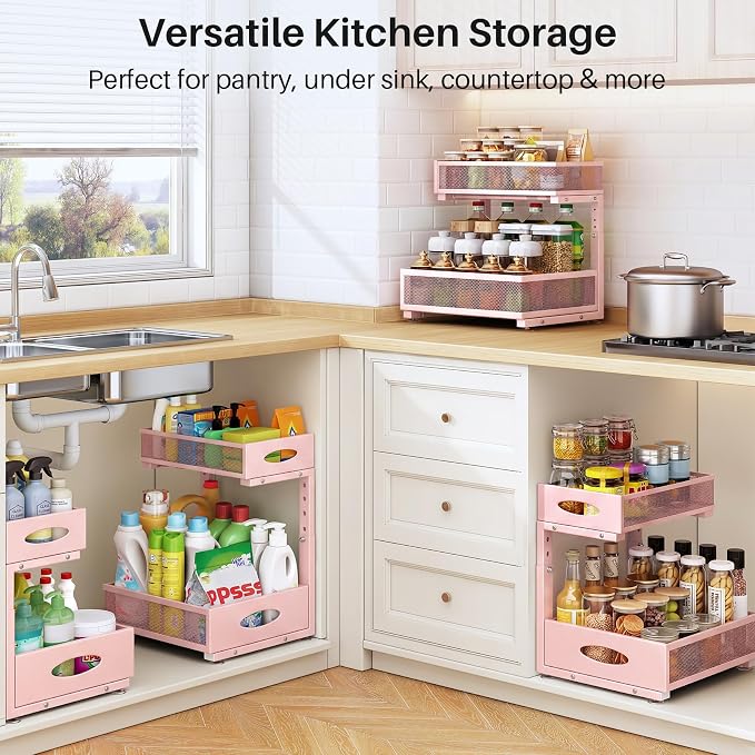 Under Sink Organizer, 2 Tier Pull Out Under Cabinet Organizer Shelf with Pad for Framed Cabinets, Metal Slide Out Under Sink Storage, Mesh Sliding Drawers for Kitchen Bathroom Laundry(Pink, 1 Pack)