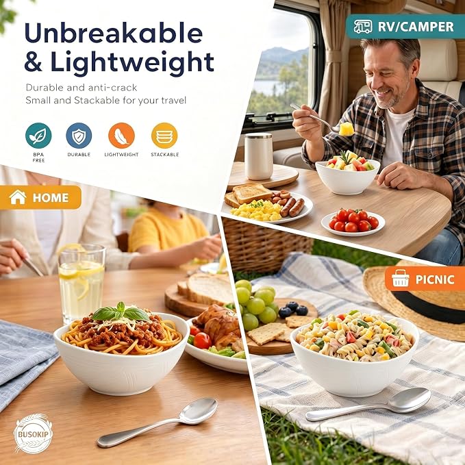 Soup Bowls Sets of 6, Unbreakable Wheat Straw Bowls 26oz, Oval Kitchen Bowls for Fruit, Ramen, Salad, Microwave and Dishwasher Safe Plastic Serving Bowls for Party, Apartment, Dorm - White