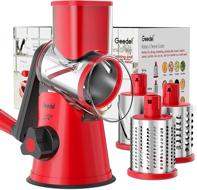 Geedel Rotary Cheese Grater Hand Crank, Cheese Shredder Vegetable Slicer | 3 Blades, 430 Stainless Steel, 12x Fast Cutting, Strong Suction Base, No BPA, Dishwasher Safe, for Cheese, Veggie, Nut