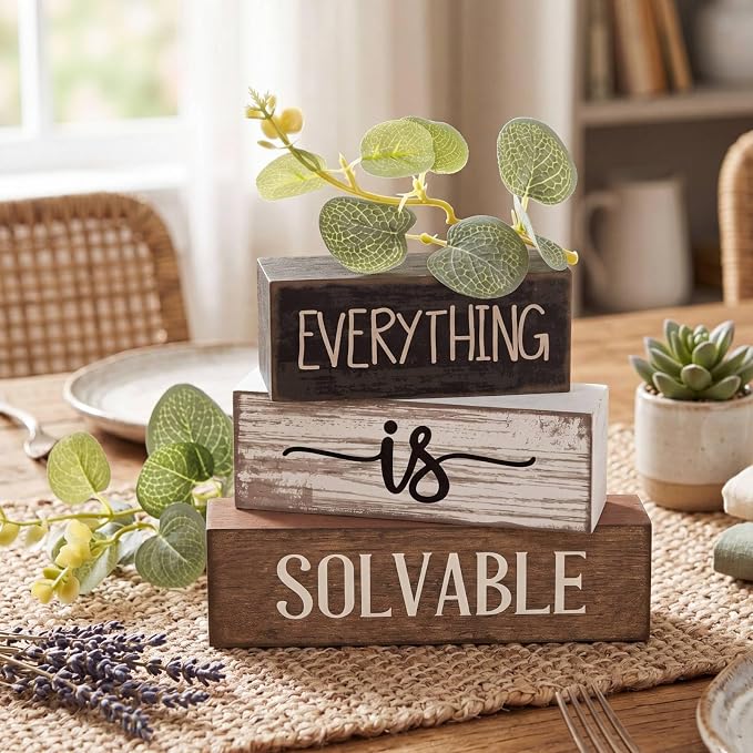 Lineshading 4 Pcs Inspirational Farmhouse Table Decor Rustic Wooden Stacked Block Signs with Inspirational Quote Artificial Eucalyptus Leaves Farmhouse Decoration for Home Office Shelf Gift