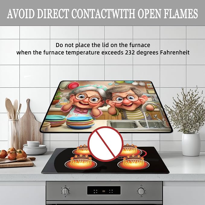 Cute Grandpa and Grandma Stove Top Cover for Electric Stove,Funny Old Couple Glass Top Stove Cover Protector,Old Lady Glass Cooktop Covers Kitchen Flat Electric Stove Top Covers