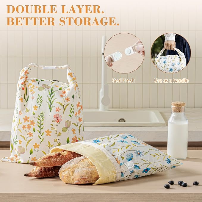 Bread Bags for Homemade Bread, Reusable Beeswax Bread Bag, 2 Pack Beeswax Bread Bags for Sourdough, Natural Cotton Beeswax Bags, Large Capacity