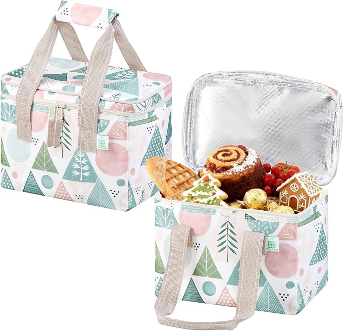 VENO 2 Pack Small Cooler Insulated Lunch Bag Reusable Grocery Shopping Bag | Collapsible Lunch Box Tote for Women Men w/ Handles, Dual Zippers, 9L Capacity for Work Office Picnic Beach (Pastel Forest)