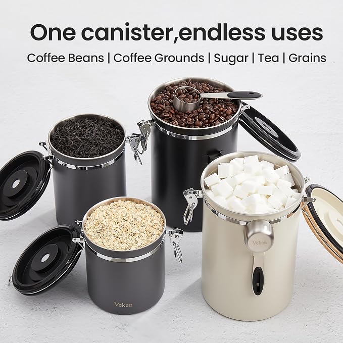 Veken Coffee Canister,39OZ, 2.2lbs,Large Airtight Stainless Steel Container Kitchen Food Storage Jars for Beans,Ground, Espresso, Rice,Tea, Sugar, Cereal, Gifts, Date Tracker, Scoop, Silver(Pack of 2)