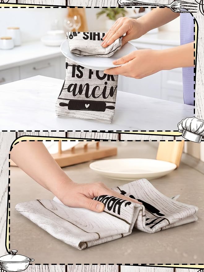 4 Pcs Wood Grain Kitchen Towels Happiness Dish Towels Gifts | Absorbent Hand Tea Dishcloths with Hanging Loop Heart of the Home Quote for Home Housewarming Gift Funny Kitchen Decor