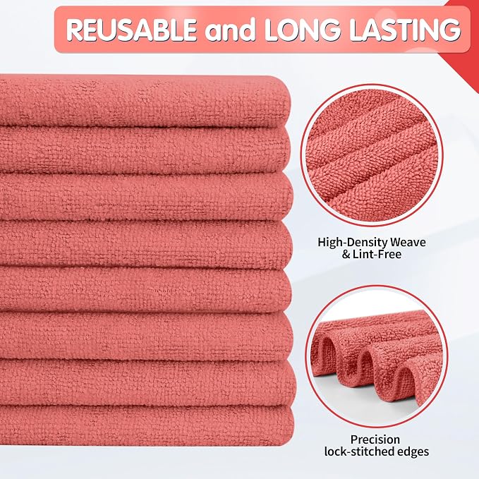 Red Microfiber Cleaning Cloth -Pack of 8, Highly Absorbent Cleaning Rags, 16"X12" All Purpose Cleaning Towels for Housekeeping, Kitchen, Car, Lint Free and Reusable Microfiber Towels