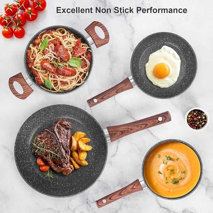 M MELENTA Pots and Pans Set Non Stick, 11-Piece Grey Granite Cookware Set | Compact Nonstick Cooking Set, Induction Cookware Set, PFOA Free, Easy Food Release, Easy to Clean
