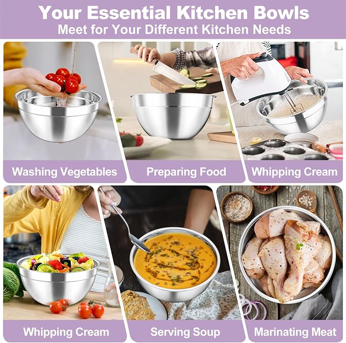 TeamFar Mixing Bowls Set, 4.5/3/1.5/1/0.7 QT Salad Bowl with Lids, Colorful | Stainless Steel Nesting Bowls with Visible Airtight Lids, For Serving/ Mixing/ Storing, Non-Toxic & Dishwasher Safe, Set of 5