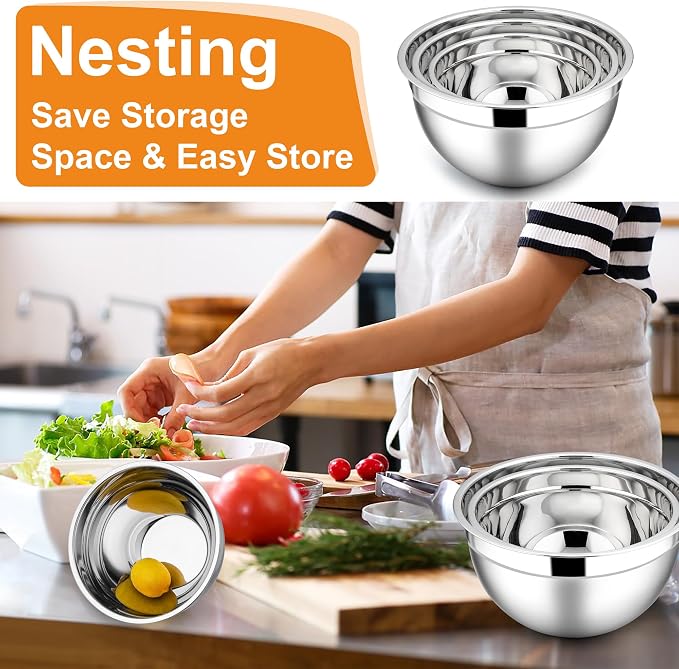 E-far Mixing Bowls with Lids Set, 6-Piece Stainless Steel Salad Bowls | Metal Nesting Cooking Bowls with Airtight Lid for Kitchen Storage, Baking & Prepping, Dishwasher Safe, 1.5/3/4.5 QT, Colorful