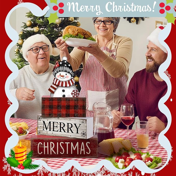 Lineshading 4 Pcs Christmas Table Decoration Wooden Snowman Decor Christmas Tiered Tray Decor Red Buffalo Plaid Block Signs Snowman Table Centerpiece Farmhouse Winter Decoration for Home Kitchen Shelf