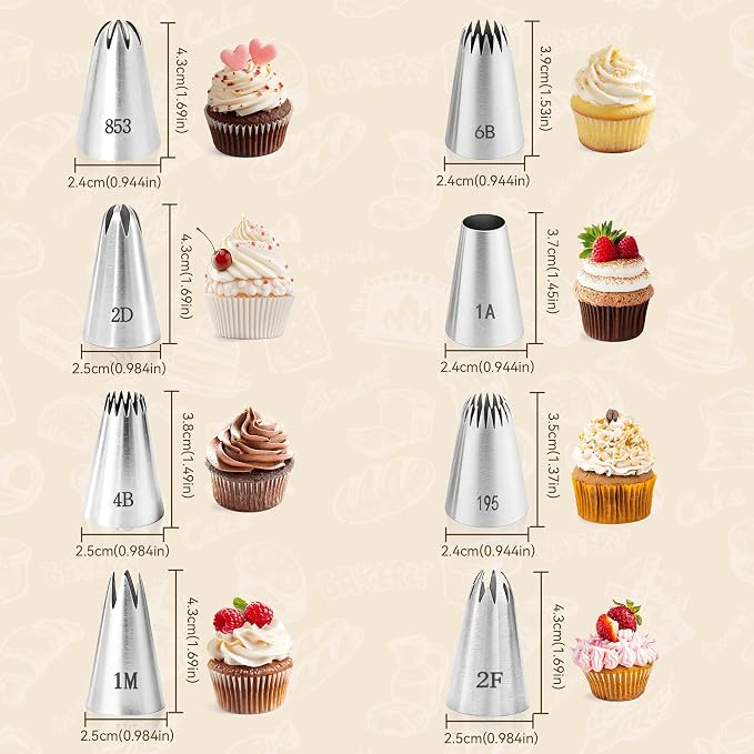 8Pcs Large Piping Tips Set, 304 Stainless Steel Cake Piping Tips, Pastry Frosting Icing Tips for Decorating Cookies, Cupcakes & Birthday Cake, Dishwasher Safe