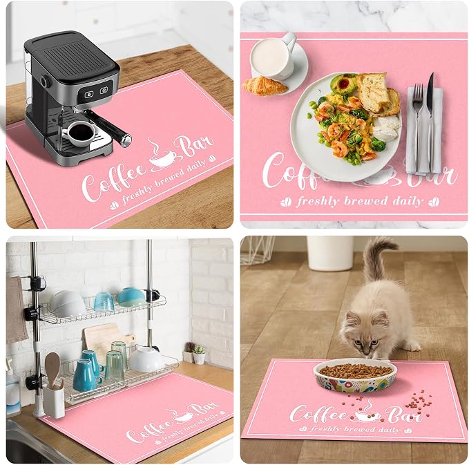 CooRug Fashion Coffee Mat, Dish Drying Mat 16" x 24" Pink | Hide Stain, Absorbent, Coffee Bar Accessories, Heat Resistant, Non-slip, Eco-friendly, Easy to Clean