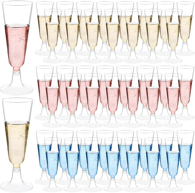 GuanQiao Plastic Champagne Flutes 100 Pack, 5.5 Oz Clear Disposable Plastic Champagne Glasses, Wine Glasses Cups for Wedding Celebration Birthday Party Wine Tasting New Years Eve Party Supplies