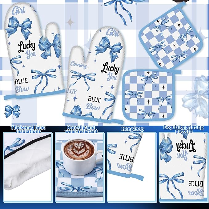 Fourluoo 10 Pcs Blue Bow Kitchen Decor Set Dish Towels Kitchen Rugs Oven Mitts and Pot Holders for Cooking Baking Grilling Women Mom Gift