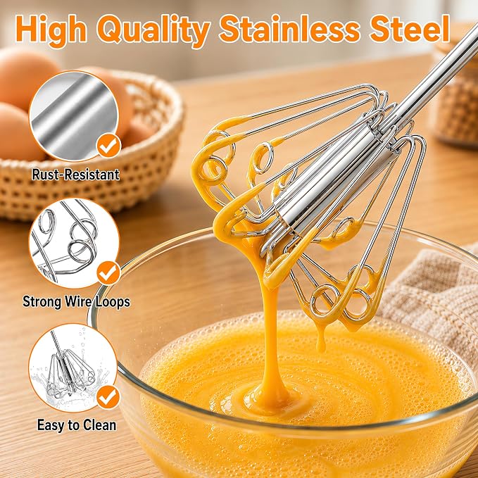 Qukaka Hand mixer egg beater,stainless steel semi automatic whisk,egg spinner,wisking tool,whipped cream dispenser,easy whisks for cooking,Beating&Stirring(12in)