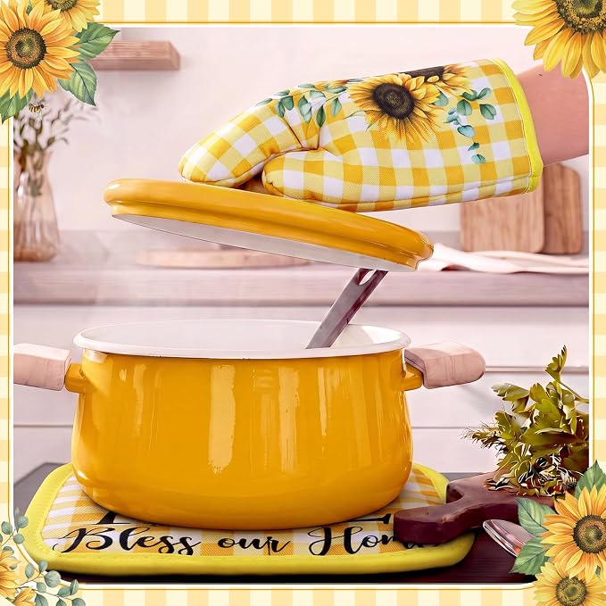 Leinuosen 8 Pcs Sunflower Yellow and White Checkered Kitchen Towels and Dishcloths Sets Pot Holders and Oven Mitts Sets Absorbent Kitchen Gloves Potholders Heat Resistant for Chef Baking Cooking