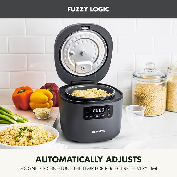 GreenPan Advanced Rice Cooker, 4-Cups Uncooked/8-Cups Cooked, Removable Nonstick Ceramic PFAS-Free Pot, White & Brown Rice, Family Sized, Quick Cook in 25mins, 6 Presets, Fuzzy Logic Tech, Graphite
