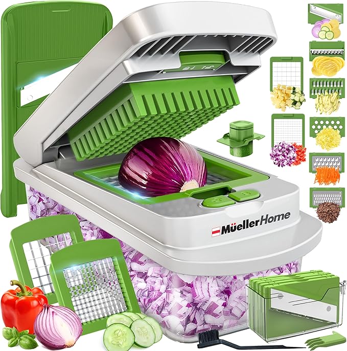 MUELLER HOME Pro-Series 10-in-1 Vegetable Chopper, 8 Blade Onion Mincer | Cutter, Dicer, Fruit Slicer with Container, French Fry Cutter Potato Slicer, Home Essentials, Salad Chopper White Sand/Green