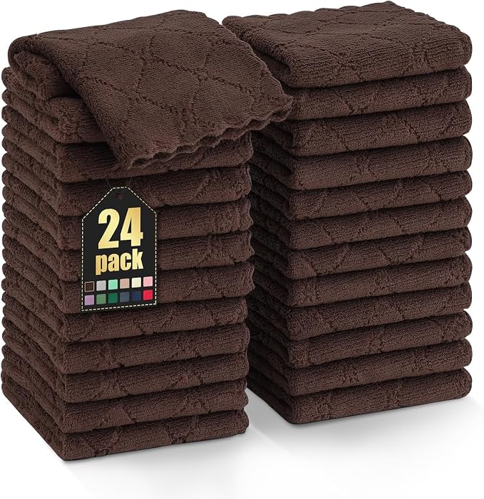 Homaxy 24 Pack Super Soft & Absorbent Dish Cloths, 10" x 10", Brown | Coral Velvet, Nonstick Oil Fast Drying Microfiber Cleaning Cloth, No Lint Household Dishcloths