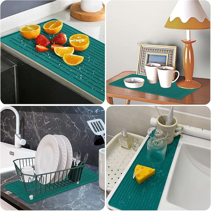 Dish Drying Mats, Heat-resistant Silicone Mat for Kitchen Counter, Non-Slip Dish Dry Mat Dishwasher Safe Large, Turquoise