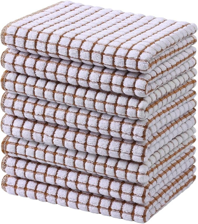 Mordimy Premium Cotton Kitchen Towels 16"x 25", Brown Check Design, 8 Pack | Super Absorbent Terry Kitchen Hand Towels, Large Natural Ring Spun 360 GSM Dish Towels, Soft Tea Towels with Hanging Loop