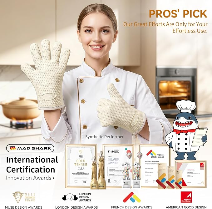 MAD SHARK Silicone Oven Mitts with Fingers Heat Resistant 450°F in Kitchen | Waterproof & Non-Slip Oven Gloves,Cotton Lined Silicone Kitchen Mitts for Baking Cooking Barbecue,Women (White)