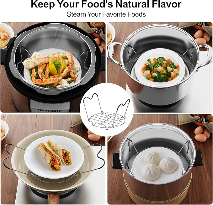 Steamer Rack Trivet for Instant Pot 6 Qt & 8 Qt with Silicone Handle | 7.7-inch 304 Stainless Steel Steam Rack with Foldable Long Heat Resistant Handles for Pressure Cooker, Steaming, Cooking