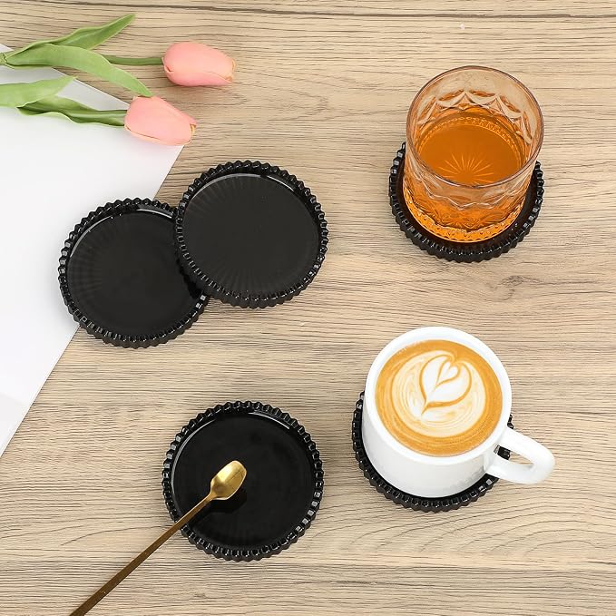 Glass Drink Coaster Set of 5- Coasters for Desk Coffee Table Black Coasters | Modern Round Cup Mats, Glass Coasters Coffee Table Decor for Kitchen, Bar, Dining Room, Living Room, Office