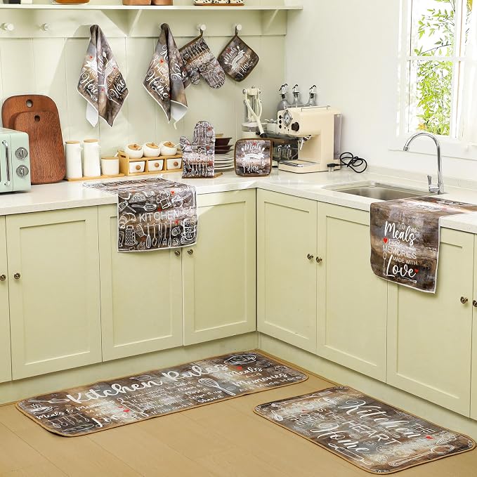 Fourluoo 10 Pcs Brown Kitchen Decor and Accessories Set Farmhouse Oven Mitts and Pot Holders Brown Dish Towels Kitchen Rugs and Mats for Home Decorations Baking Cooking Birthday Summer Gifts