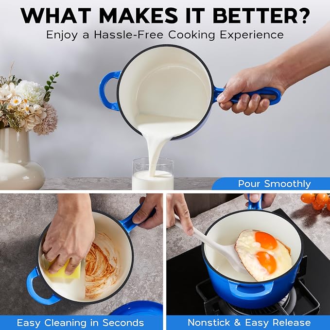 Onader 1 Quart Saucepan, Enameled Cast Iron Sauce Pan Pot, Small Kitchen Pot for Cooking with Lid, Enamel Dutch Oven Nonstick – Deep Blue