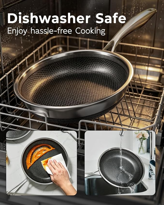 FogDream 8 Inch Nonstick Frying Pan with Lid, Honeycomb Hybrid Stainless Steel Skillet, Tri-Ply Induction Compatible, Non Toxic Frying Pan, Oven Safe, Dishwasher Safe, Silver