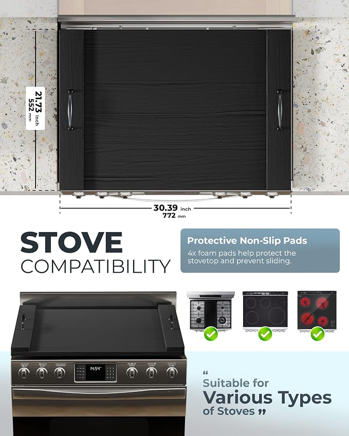 Bluewest Gas Stove Burner Covers, Wooden Noodle Board with Handle, Black | Extra-thick wooden RV stovetop and sink cover doubles as a tray, creating extra kitchen counter space for prep and serving.
