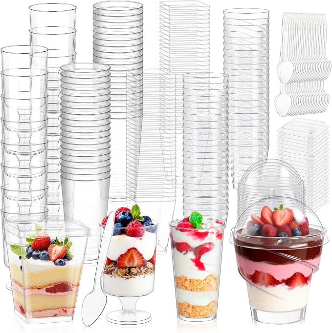 mwellewm 390 Pcs Dessert Cups with Lids and Spoons, 5 OZ Parfait Cups 3 OZ Plastic Desert Cups Clear Mini Shooter Cups for Party Reusable Small Appetizer Serving Fruit Cup Ice Cream Cake Pudding