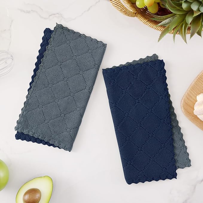 Homaxy 12 Pack Super Soft Dish Cloths, 10" x 10", Dark Grey & Navy Blue | Coral Velvet, Nonstick Oil Fast Drying Microfiber Cleaning Cloth, No Lint Household Dishcloths