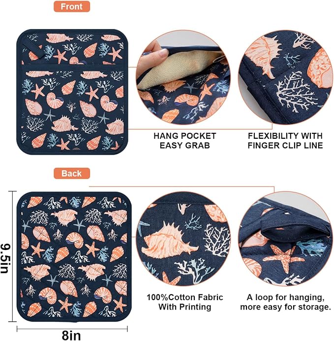 Pot Holders Set of 2 Heat Resistant 480℉ Kitchen 100% Cotton | Comfortable Lining Printing Cowry Flower Women Men Home Cooking Baking Microwave BBQ Gift (Cowry potholders)