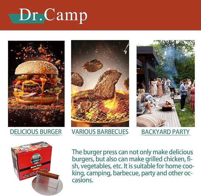 Dr.Camp 7 Inch Stainless Steel Smash Burger Press Burger Smasher Bacon Press Meat Press for Griddle Flat Top Grill with Solid Wood Handle Smooth Bottom Heavy Duty (Round)