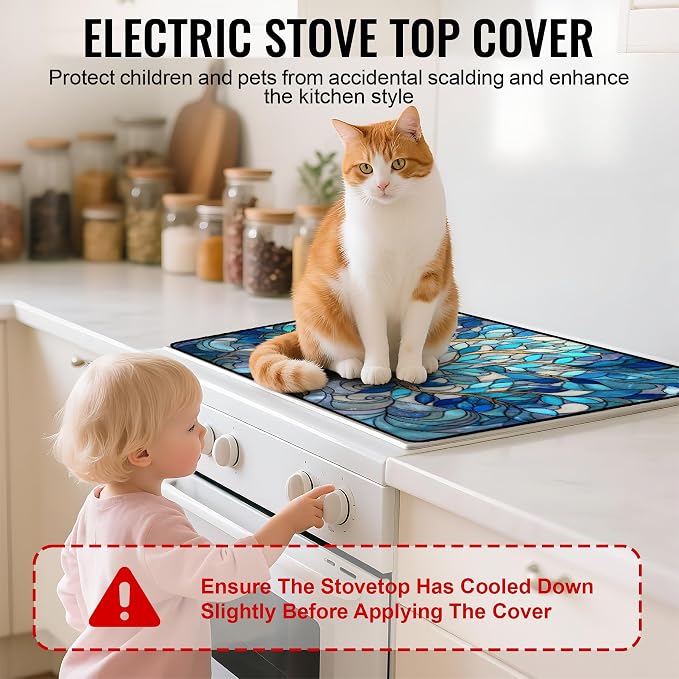 NYZE Electric Glass Stove Top Cover, Cooktop Protector for Extra Counter Space, Heat Resistant & Non-Slip Kitchen Mat - Blue Glass Tree of Life, 28" x 20"