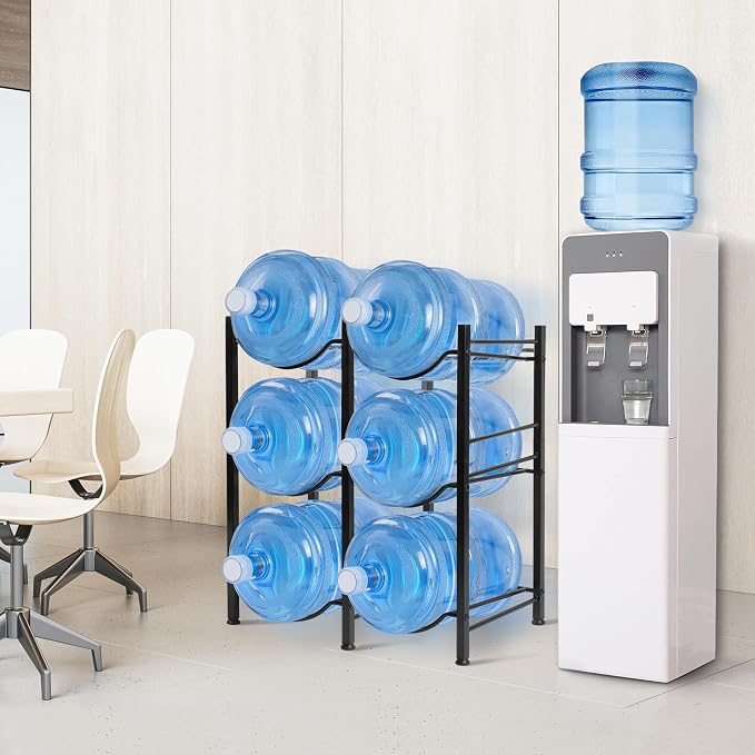Klvied 5 Gal Jug Rack, 3 Tier for 6 | Heavy duty steel, built-in lifter, includes cap, holds 6 bottles, kitchen/office/gym