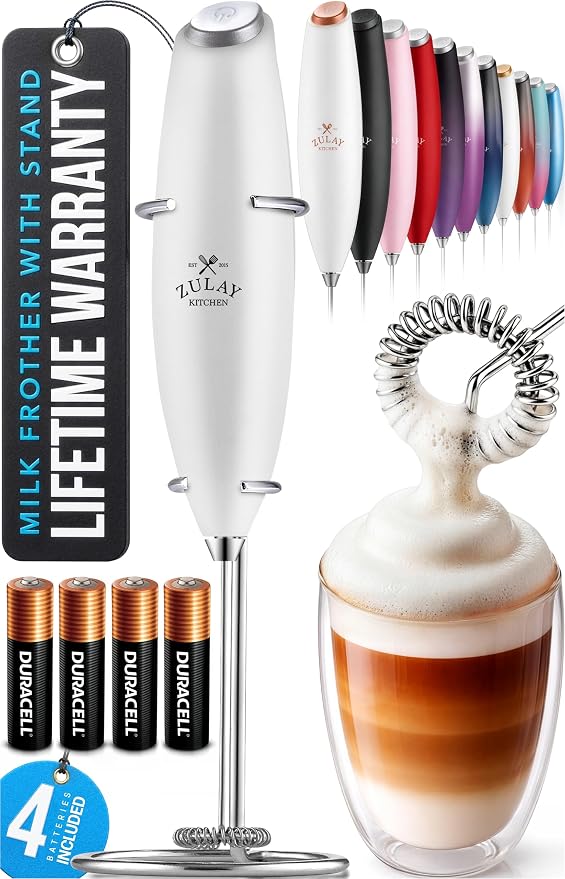 Zulay Kitchen Powerful Milk Frother Wand With Duracell Batteries - Ultra Fast Handheld Drink Mixer - Electric Whisk Foam Maker for Coffee, Lattes, Cappuccino & Matcha - Z1 Motor - Blizzard White
