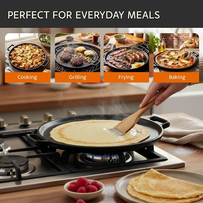 Home-Complete Cast Iron Pizza Pan, Even-Heating Cast Iron Cookware, 14” | Round Pizza Pan for Oven, Stovetop, Grill, or Campfires, Nonstick Griddle with Dual Handles