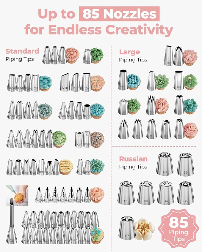 Kootek 140 Piping Bags and Tips Set Frosting Piping Kit for Beginner & Pros | Baking Supplies Tools, 40+2 Disposable & Reusable Piping Bags 12", 85 Icing Piping Tips, for Cookie Cupcake Cake Decorating
