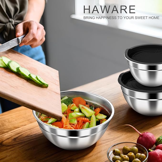 HaWare Mixing Bowls with Airtight Lids, 6-Piece Stainless Steel Salad Bowls | Strong Nesting Bowls for Cooking, Prepping, Baking, Serving & Food Storage, Stackable Design, Size 4.6, 3, 1.5QT, Black