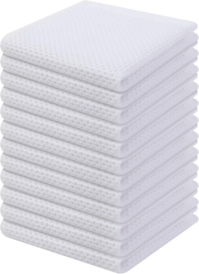 Kitinjoy 100% Cotton Waffle 12-Pack Kitchen Towels, 12" x 12", White | Ultra Absorbent, Super Soft, lightweight, Quick Drying Dish Rags for Washing Dishes