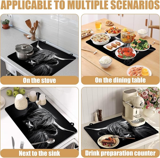 Black Highland Cow Stove Top Covers for Electric Stove, Electric Gas Stove Pad Heat Resistant Range Cooktop Protector for Home Decor Kitchen 28"x20"
