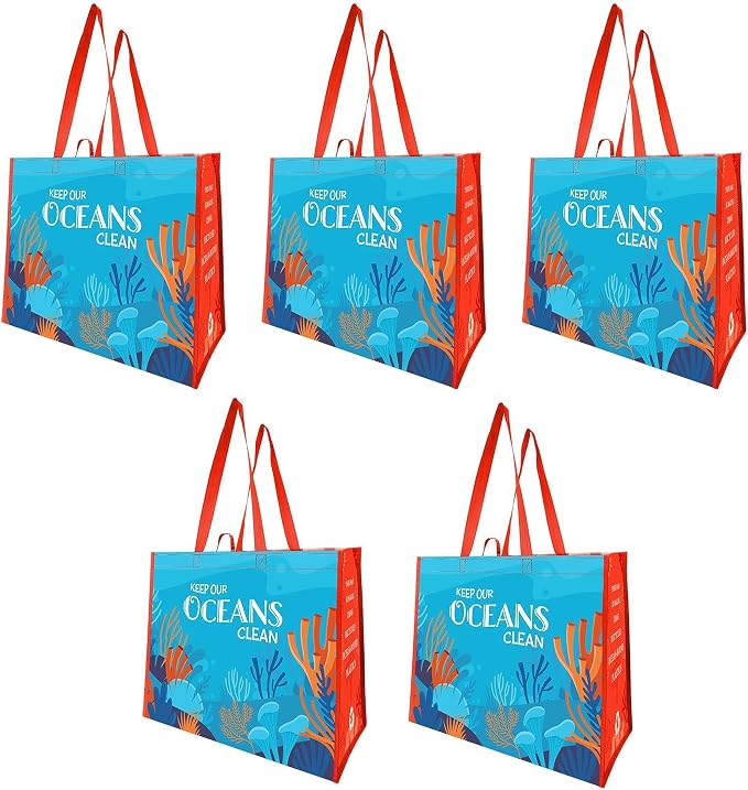 Earthwise Reusable Grocery Bags – Foldable & Water‑Resistant OceanWise® Shopping Bags, Gift Totes, Durable Multi‑Use Eco Bags (5 Pack)