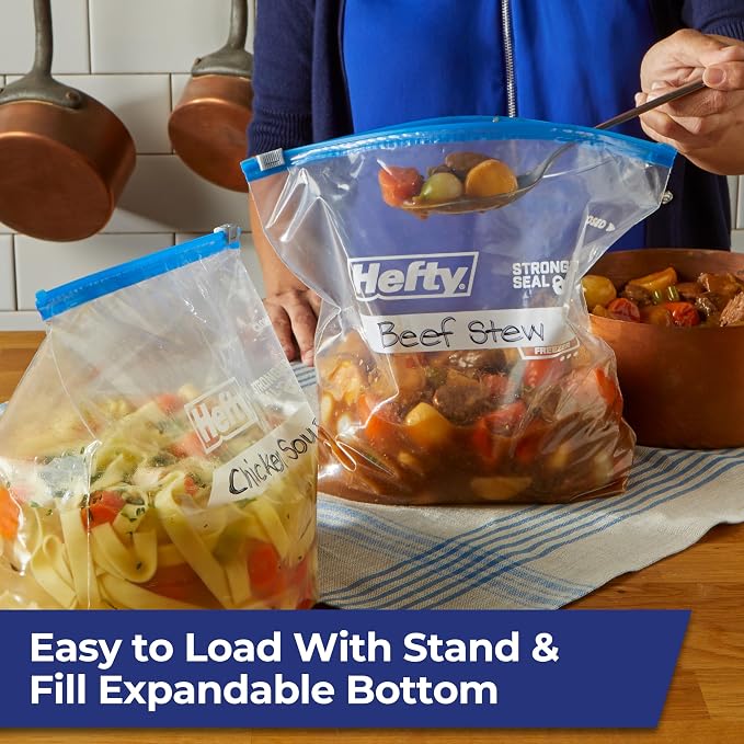 Hefty Slider Freezer Bags, Gallon Size, 56ct | Gallon Freezer Bags, Freeze Leftovers, Meat, Fruit, Veggies, Desserts, Secure Slider Closure