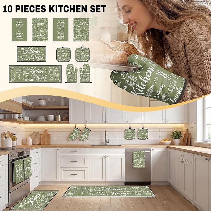 10 Pcs Kitchen Decor and Accessories Set, Farmhouse Sage | Green Baking Happiness 4 Dish Towels Kitchen Rugs 2 Oven Mitts 2 Pot Holders, Home Decor for Cooking Baking BBQ Housewarming