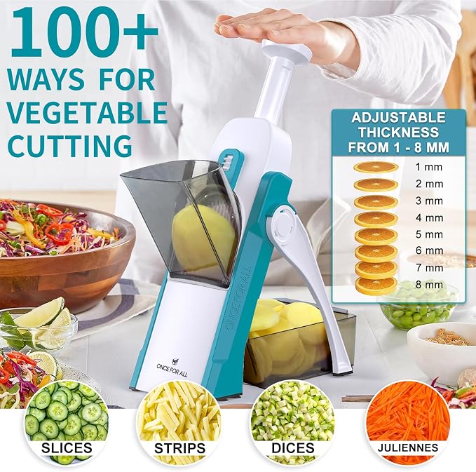 ONCE FOR ALL Safe Mandoline Slicer Kitchen, All in 1 Vegetable Slicer, Blue | Adjustable Thickness, Potato Slicer Veggie Chopper, Strips Julienne Dicer, French Fry Cutter, Dishwasher Safe, Kitchen Gift