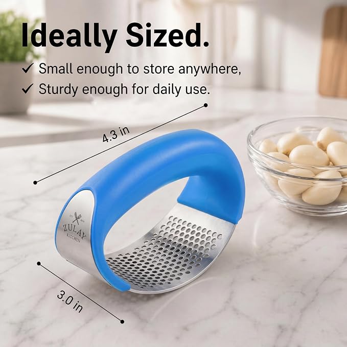 Zulay Kitchen Stainless Steel Garlic Press Rocker Set - Premium Garlic Mincer Garlic Crusher - New Innovative Garlic Crusher with Peeler and Scraper - Comfortable Grip (Blue)