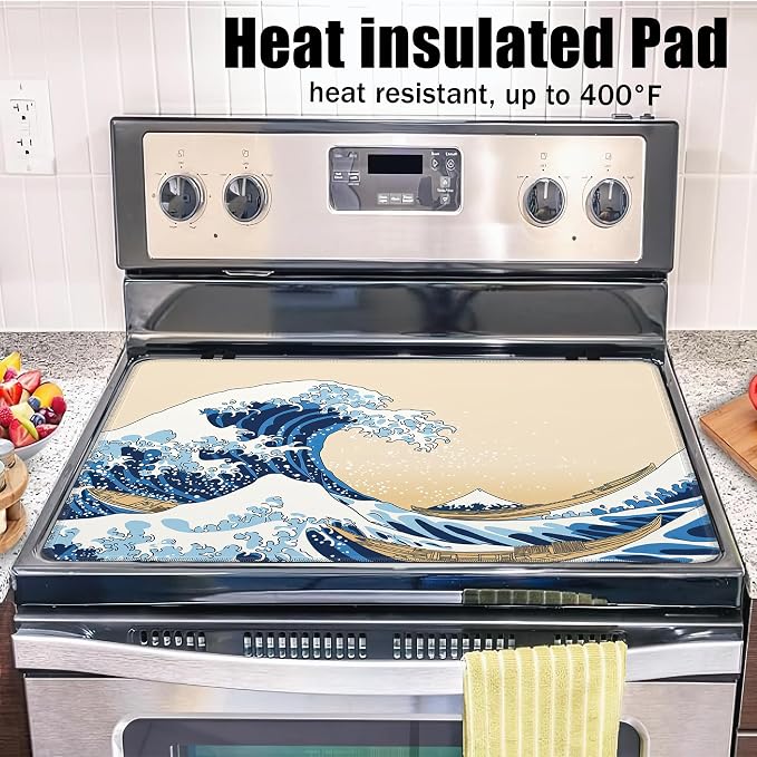 Japanese Wave Glass Top Stove Cover Protector,Vintage Stove Top Covers for Electric Stove,Washable Heat Resistant Cooktop Mat Anti-Slip Range Covers, 28 x 20 Inch